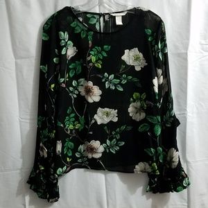 H&M Sheer Floral Bell Sleeve blouse Sz 10